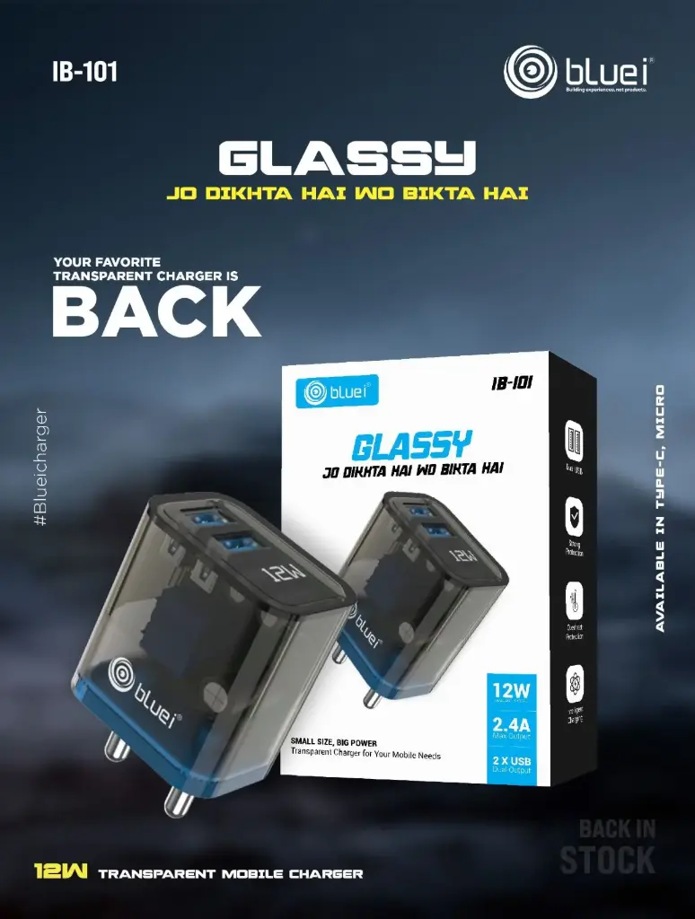 Bluei-IB-101 Glassy (2.4A12W) Dual USB With Type C Cable