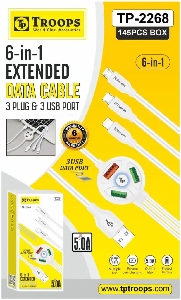 TP-2268  5.0A 3USB PORT 6IN1 EXTENDED DATA CABLE NO GRNTY