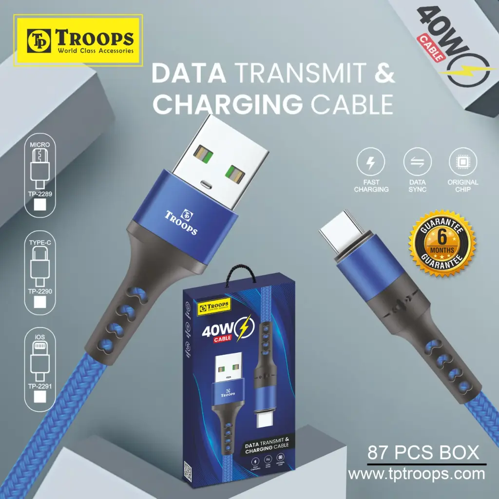 TP-2290  40W TYPE C DATA TRANSMIT AND CHARG CABLE 6M GRNTY