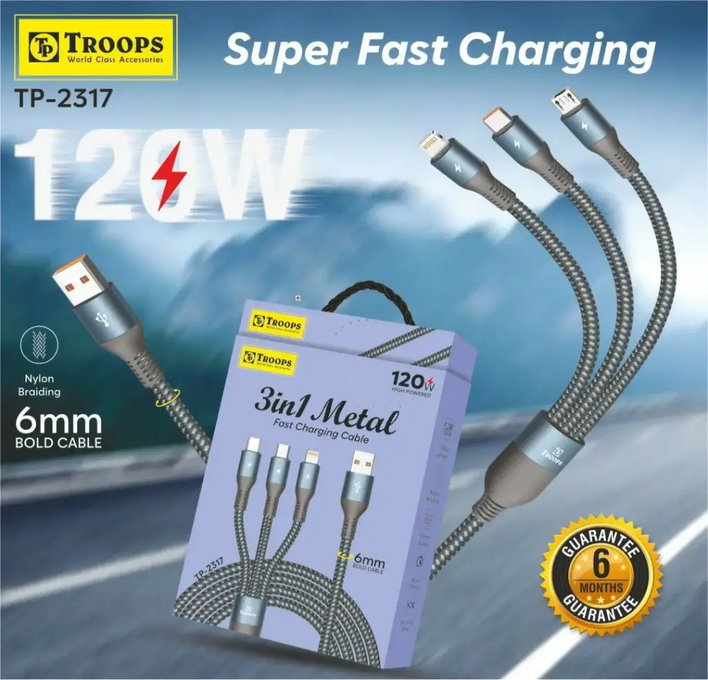 TP-2317  METAL CHARGING CABLE 6MM (3 IN 1) NO GRNTY