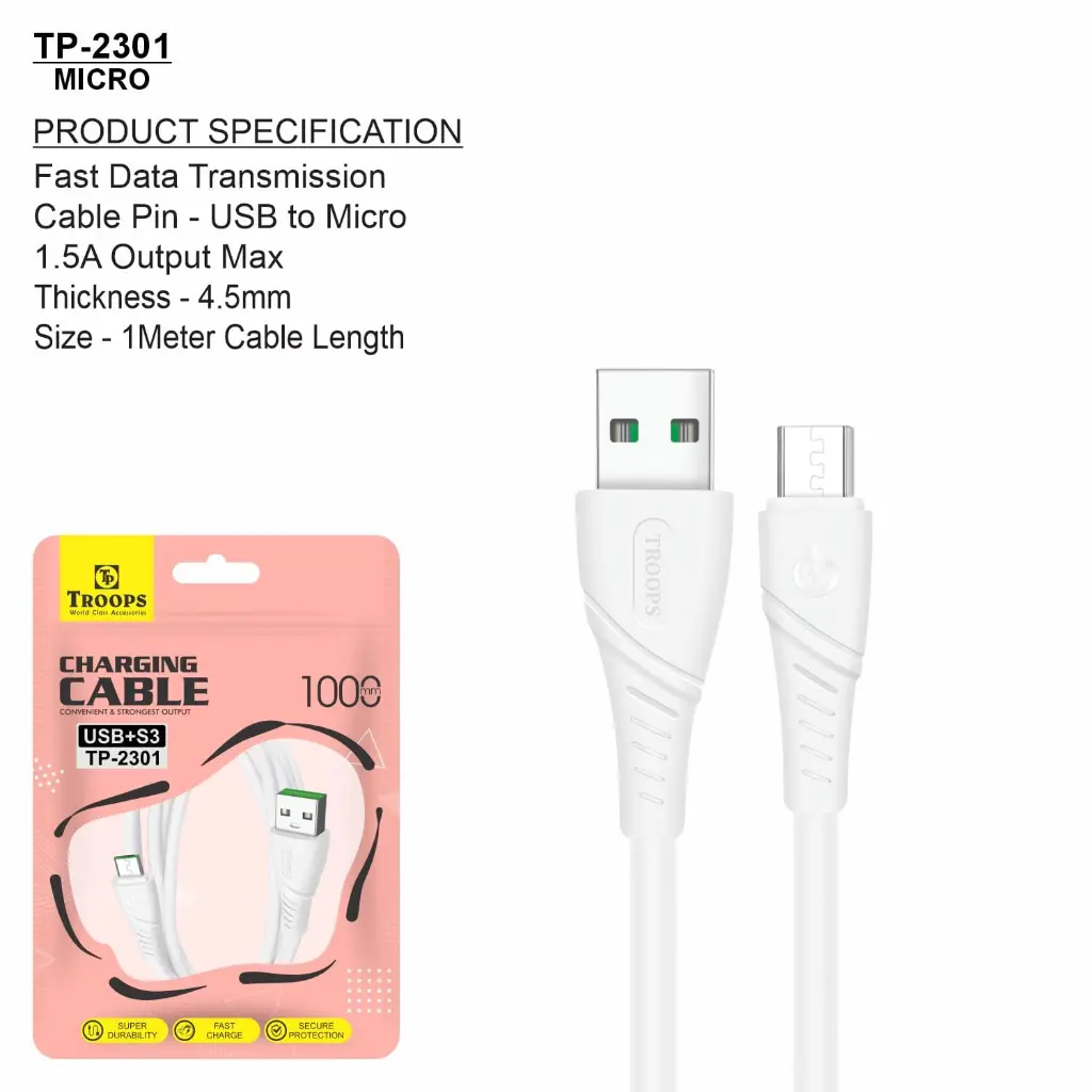 TP-2301  USB+MICRO 4.5MM 1MTR CHAR+DATA CABLE POLY NO GRNTY
