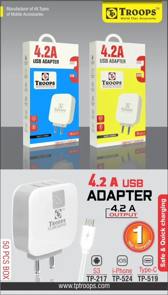 TP-217 CLOSE  4.2AMP SQURE TYPE-B CHARGER 1Y WRANTY