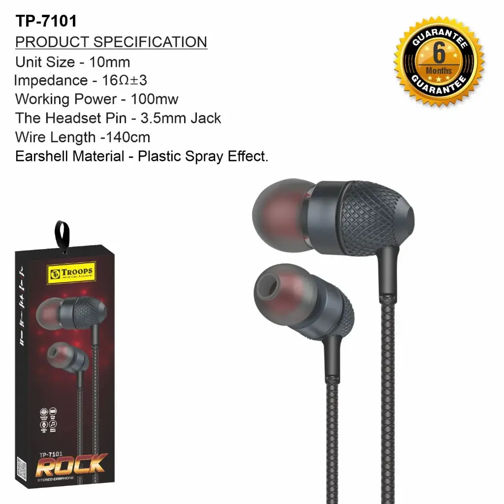 TP-7101 CLOSE  NEW STYLE STEREO EARPHONE 6M WRANTY