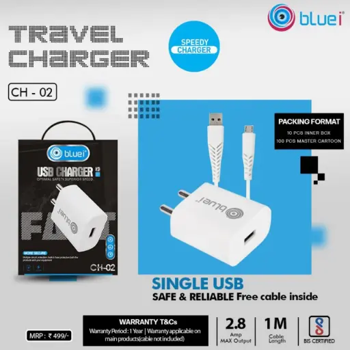 Bluei-Ch-02 Charger (2.8A) Single USB With Micro Cable