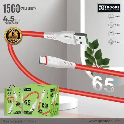 TP-2300  65W TYPE C+TYPE C 4.5MM CHARG+DATA 1.5MTR CABLE 6M GRNTY