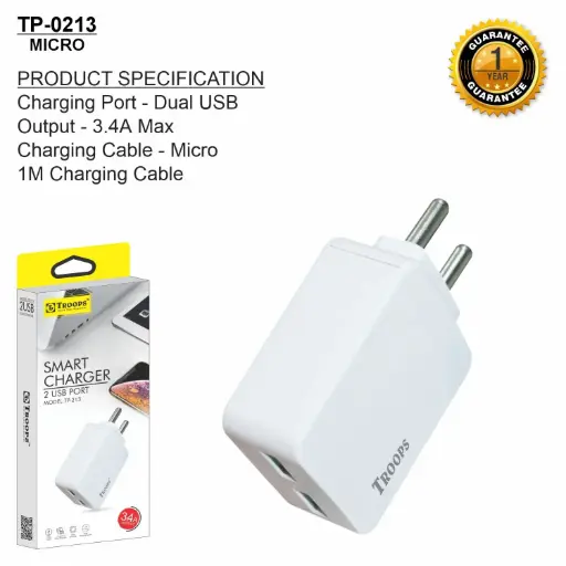 TP-0213  3.4AMP 2USB SQUARE CHAR 1Y WRANTY