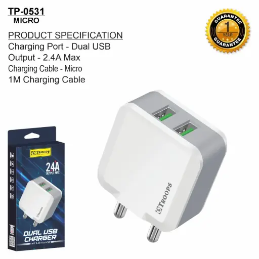 TP-0531  2.4A DUAL USB CHARGER WITH S3 CABLE 1Y WRANTY
