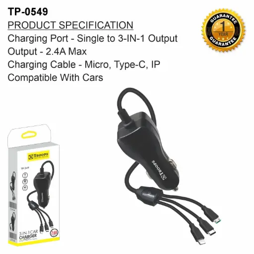 TP-0549 CLOSE  2.4A 3IN1 CAR CHARGER 1Y GRNTY