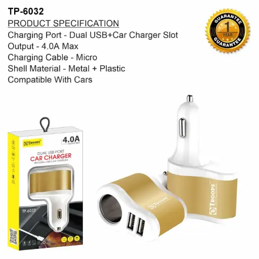 TP-6032  4.0A DUAL USB CAR CHARGER 1Y WRANTY