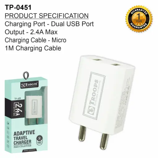 TP-0451 CLOSE  2.4AMP 2 USB CHARGER 1Y WRANTY
