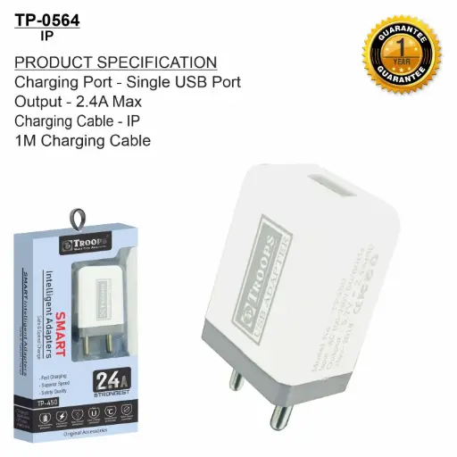TP-0564 CLOSE  2.4A SMART SINGLE USB DOCK+IP CABLE 1Y GRNTY