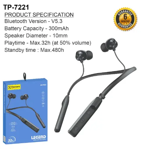 TP-7221  32Hrs MAGNET WIRELESS NECKBAND 6M GRNTY