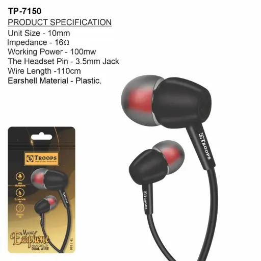 TP-7150  MUSIC EARPHONE DUAL WIRE WITH MIC POLY PKG