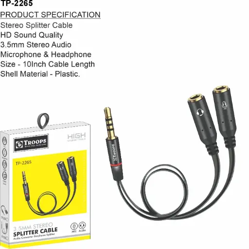TP-2265 CLOSE  3.5MM STEREO SPLITTER CABLE FLAT