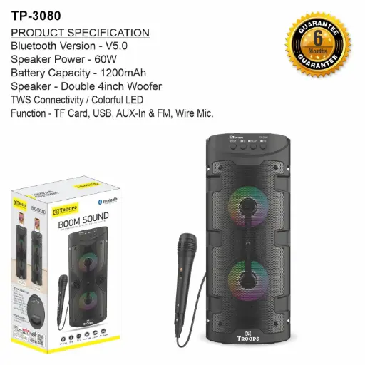 TP-3080 CLOSE  SUPER BASS PORTABLE COLORFUL LED SPEAKER 6M GRNTY